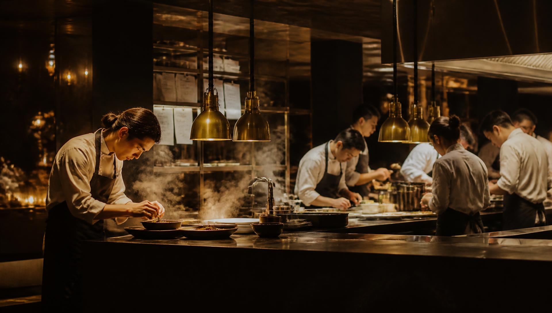 Brigade de cuisine dressant les assiettes sous les lampes en laiton du restaurant Georgina