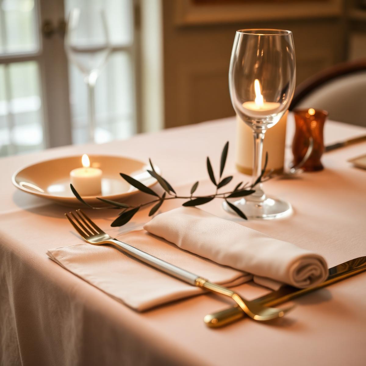 Détail d'une table dressée : couverts, verre et branche d'olivier