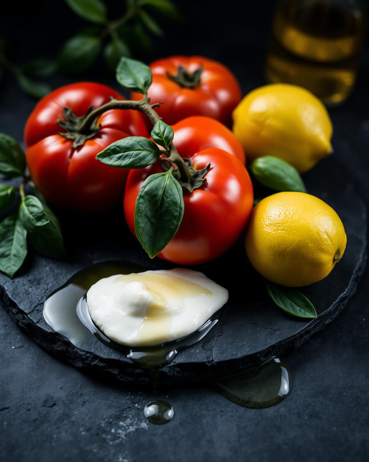 Tomates anciennes, basilic, burrata, citrons et huile d'olive sur une ardoise sombre