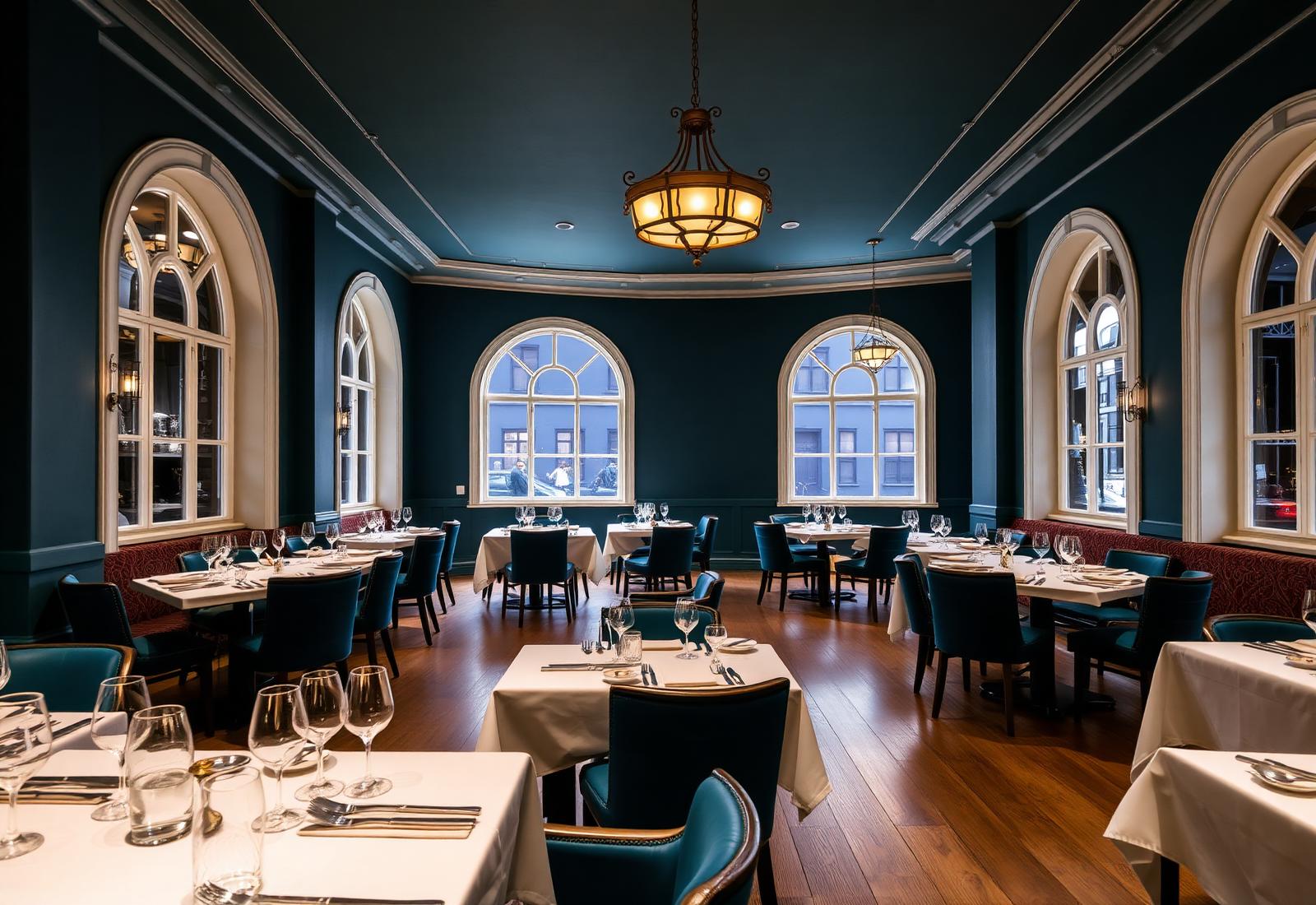 Salle du restaurant Georgina, murs bleu pétrole et tables dressées