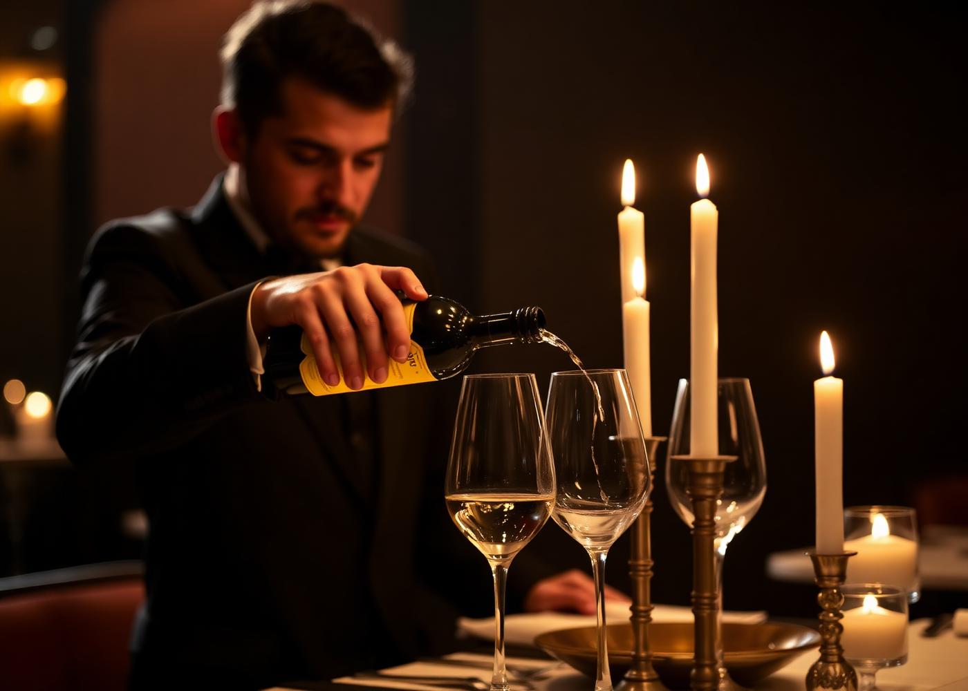 Service du vin à la table, à la lueur des bougies