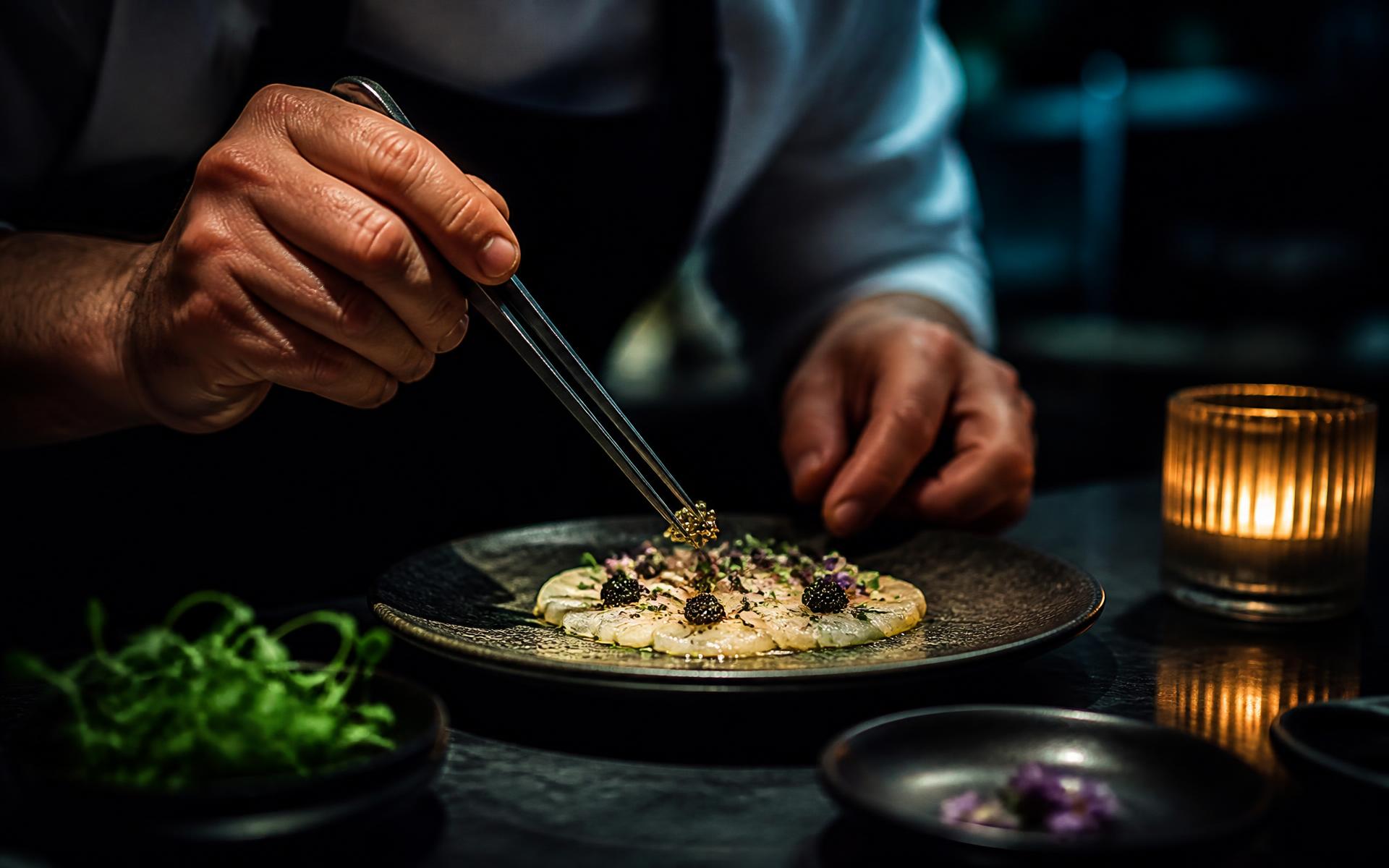 Un chef dresse une assiette gastronomique à la pince, dans la lumière chaude du restaurant Georgina