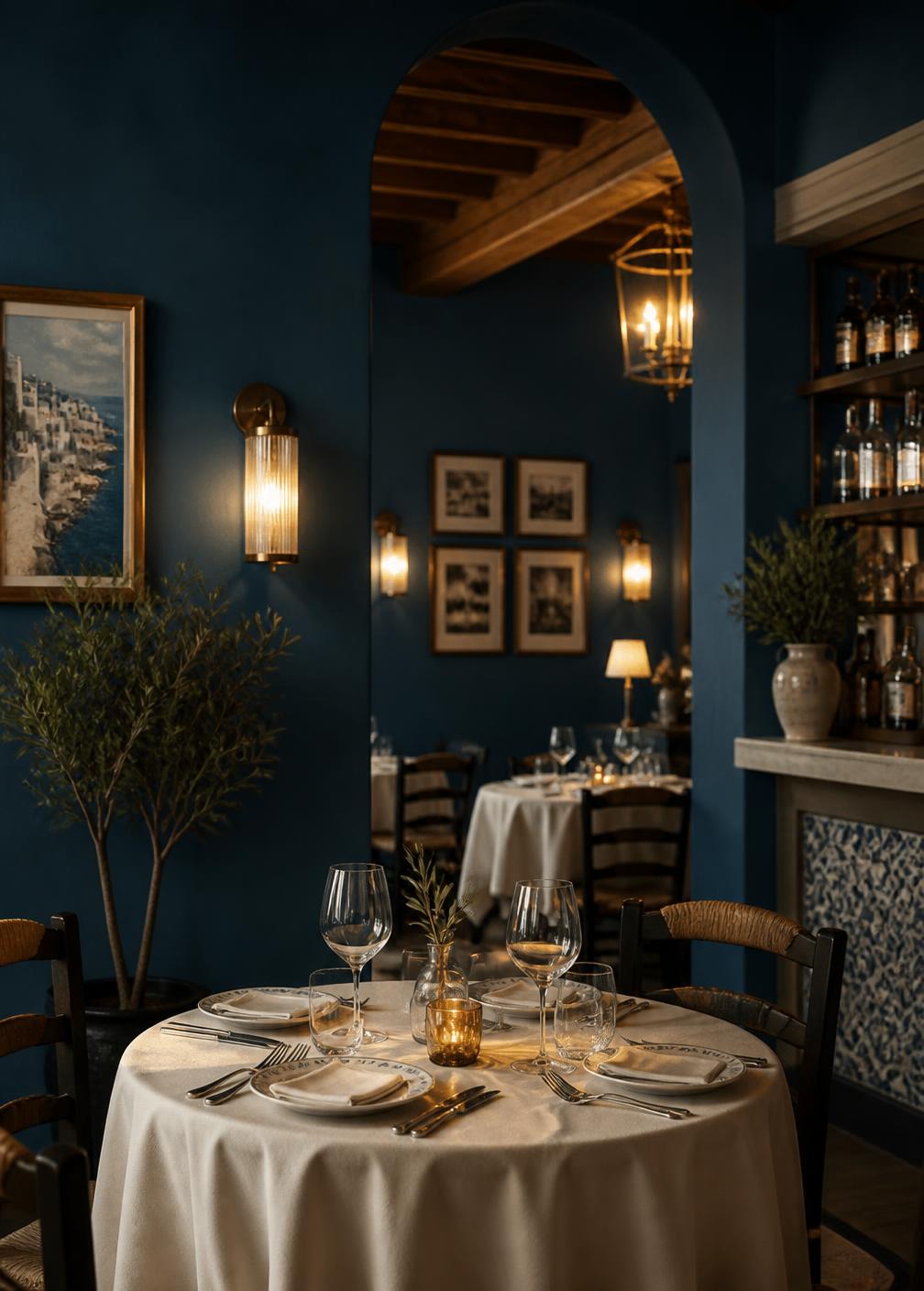 Salle intimiste du restaurant Georgina à Oran, murs bleu pétrole et table dressée sous une lumière chaude