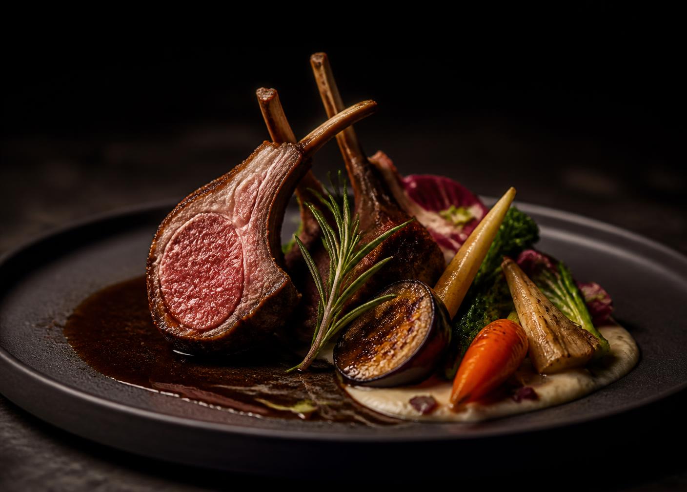 Carré d'agneau rôti au romarin avec aubergine confite et légumes de saison
