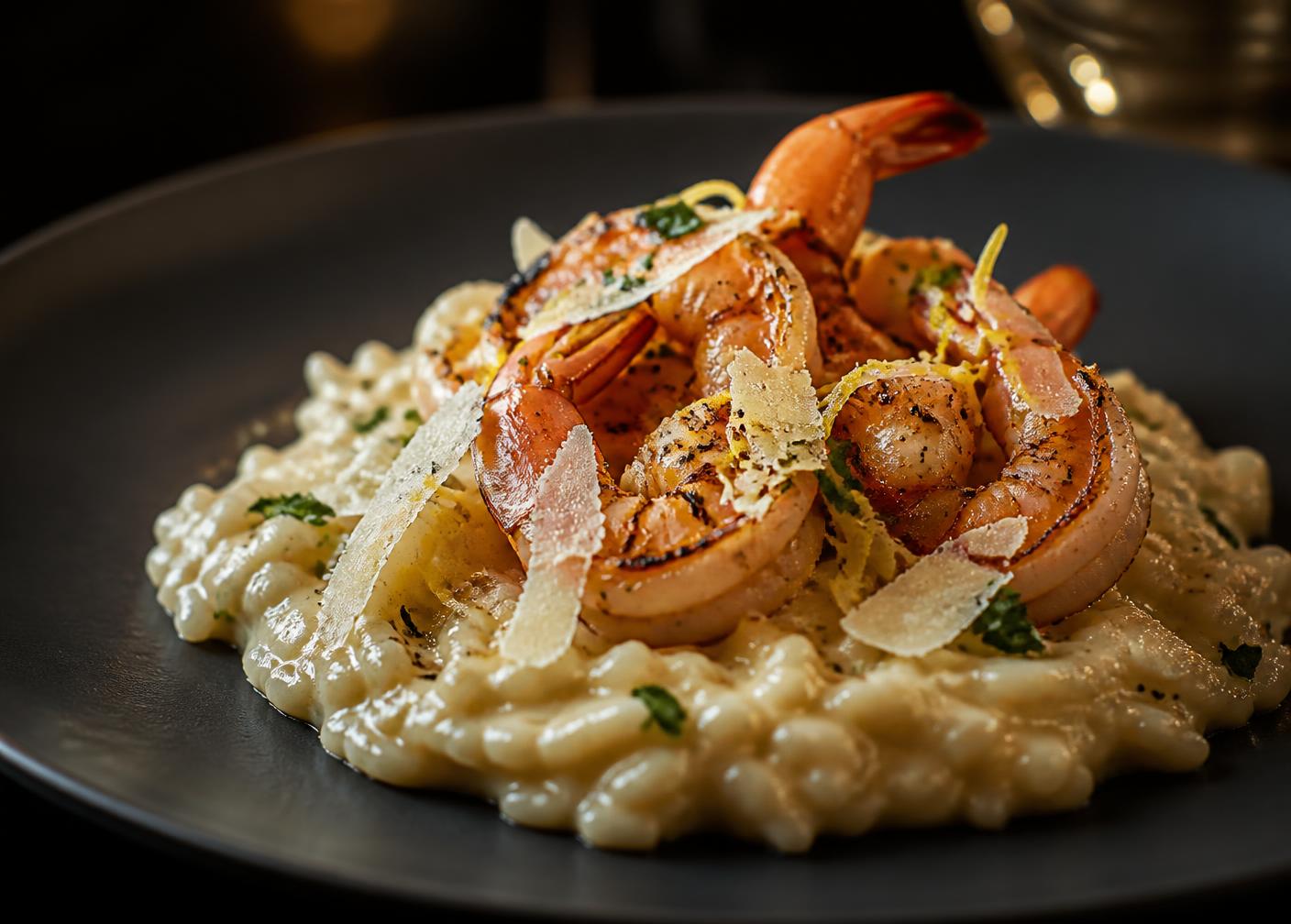 Risotto crémeux aux gambas grillées, parmesan et zeste de citron