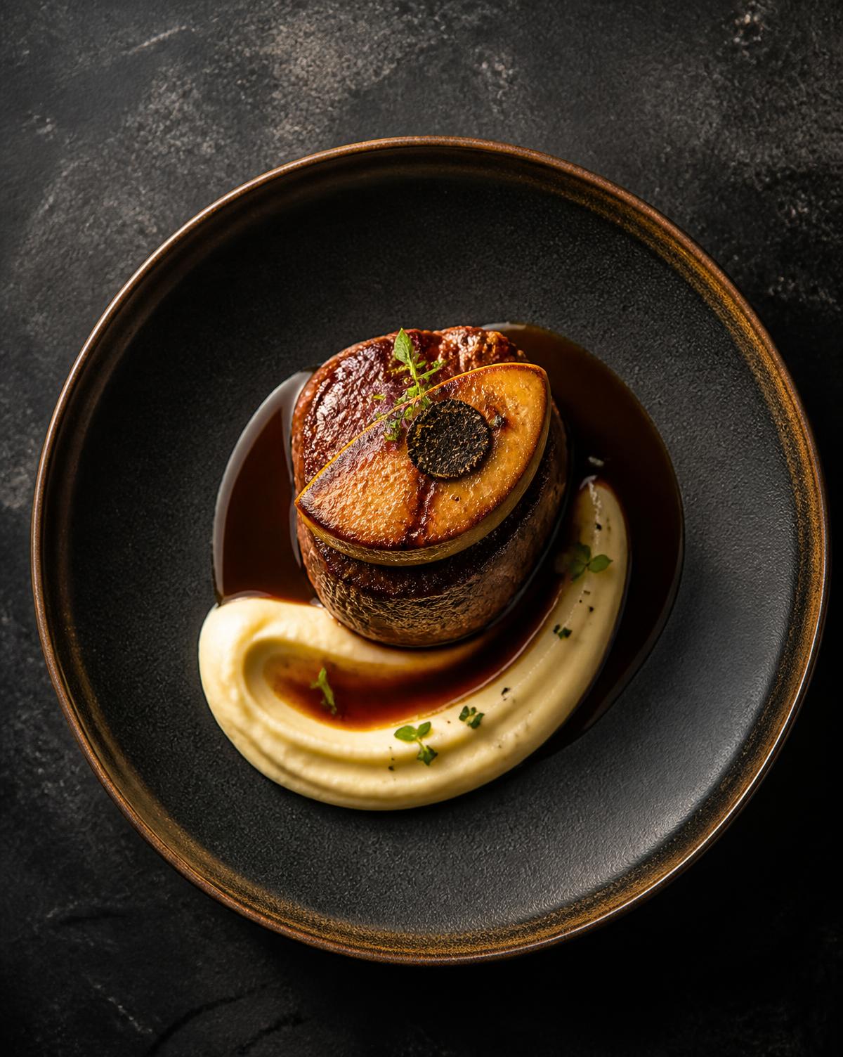 Filet de bœuf Rossini au foie gras poêlé, jus de viande et purée de pommes de terre