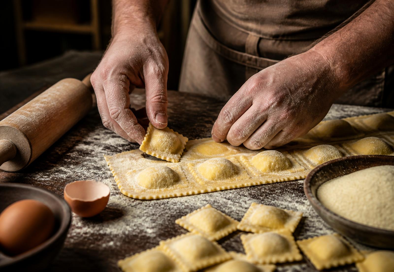 Mains façonnant des ravioli frais sur un plan de travail fariné, semoule et œufs
